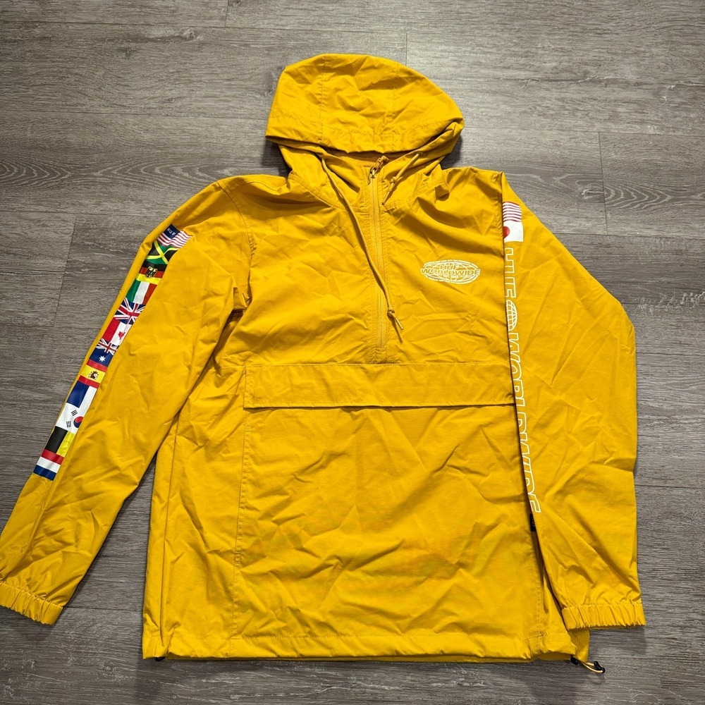 HUF Anorak Jacket Mens Small Yellow Nylon Worldwide Flags Skateboard Windbreaker